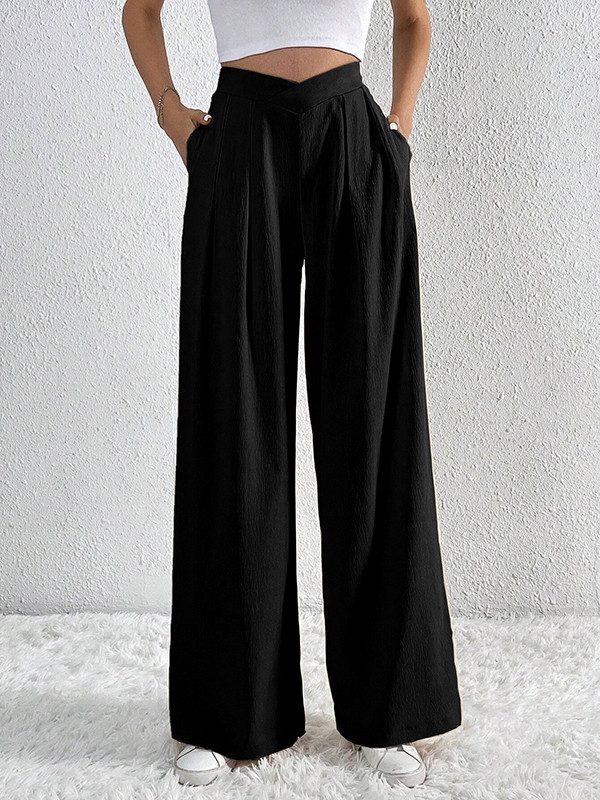 Solid Color Pleated Wide Leg Loose Trousers Pants