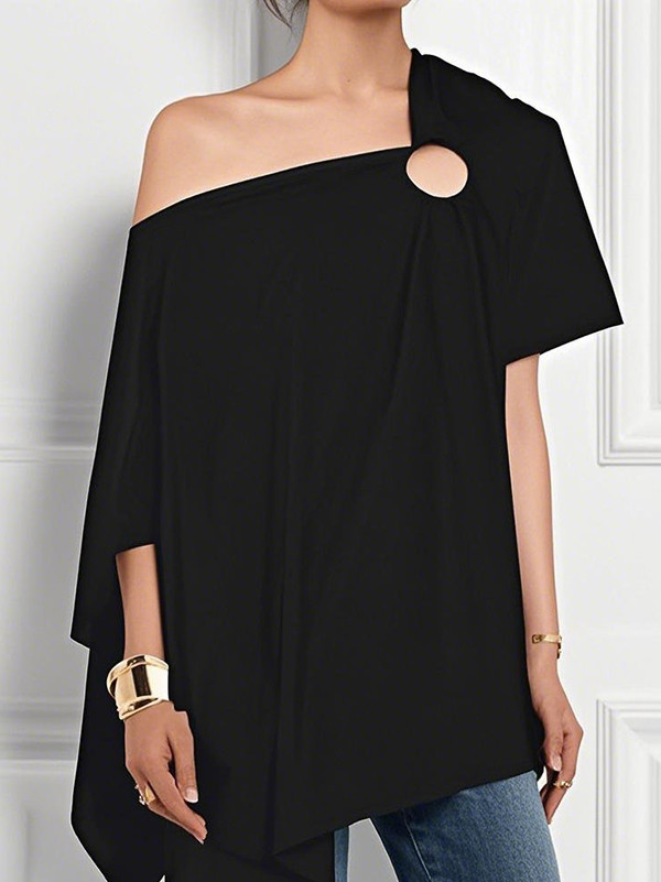 Solid Color Hollow Asymmetric Short Sleeves Loose One-Shoulder Blouses&Shirts Tops
