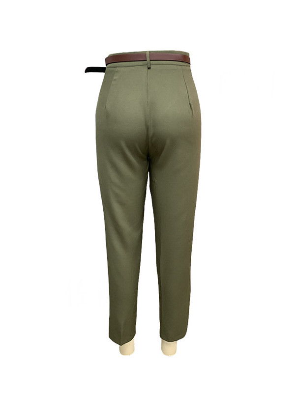 Pockets Pleated Buttoned Belted Ninth Pants Loose Suit Pants