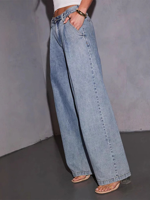 Split-Joint Pleated Wide Leg Loose Jean Pants Bottoms