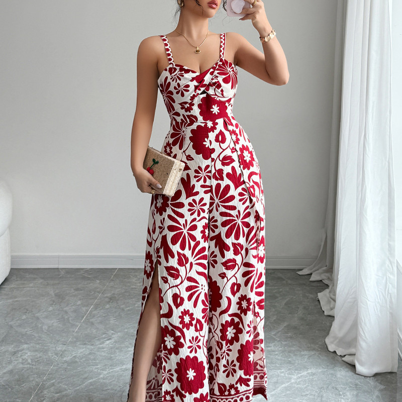 Sleeveless V Neck Print  Sexy High Waist Slight Strech Loose  Jumpsuits