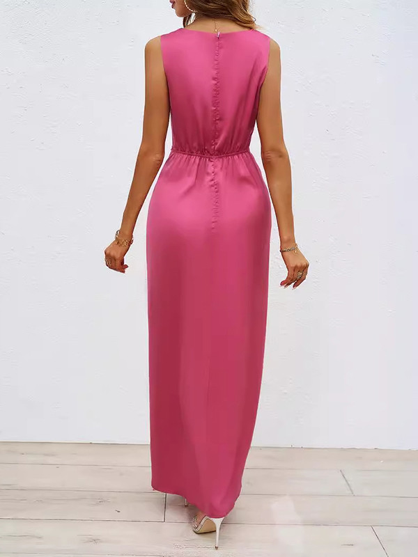 Split-Joint Split-front Pleated Sleeveless Loose V-neck Maxi Dresses