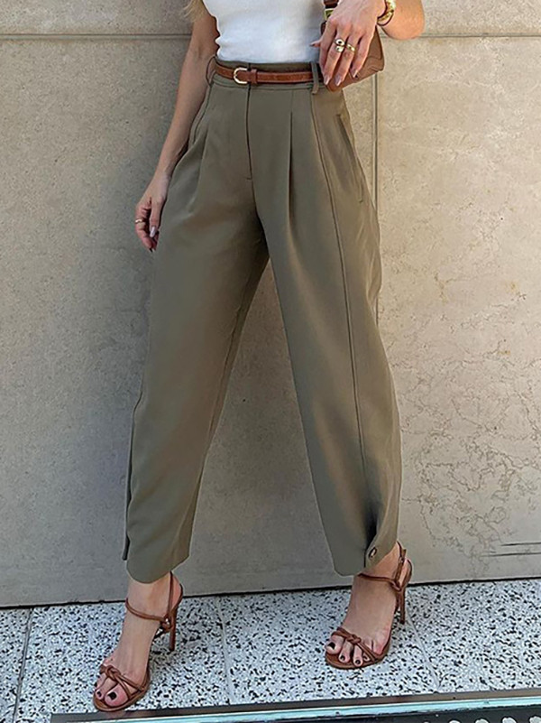 Pockets Pleated Buttoned Belted Ninth Pants Loose Suit Pants