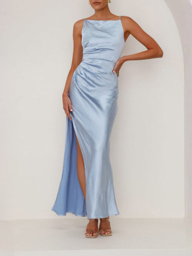 Split-side Split-Joint Solid Color Pleated Sleeveless Spaghetti-Neck Midi Dresses