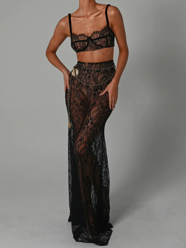 Women's Fashion Sexy Halter Backless Evening Dress Floor-Mopping Fishtail Two-Piece Set