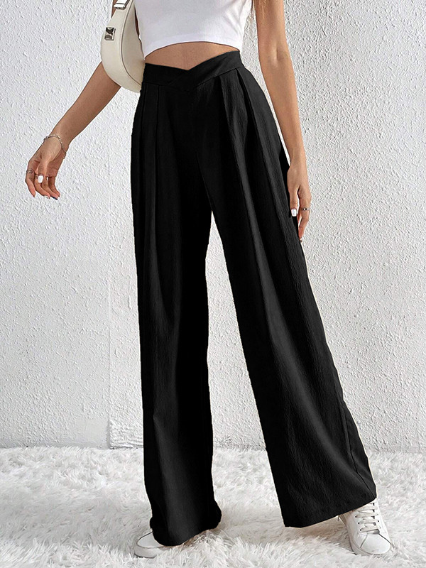 Solid Color Pleated Wide Leg Loose Trousers Pants