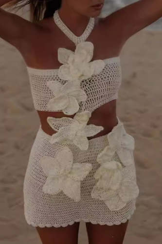 Sexy Vacation Solid Color Weave Flower Shape Halter Beach Dresses