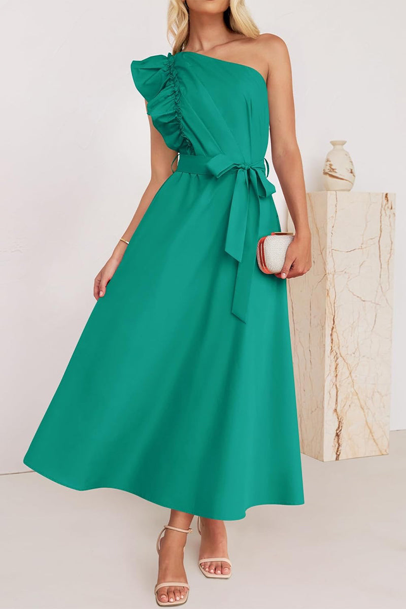 Elegant Solid Sequins Oblique Collar A Line Dresses main image 1