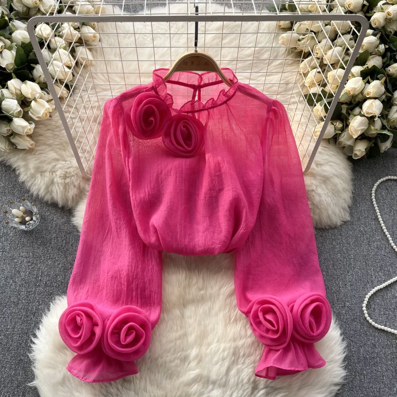 Ruffle Chiffon Lantern Sleeve Fashion Slim Loose Vacation Casual Chic Tops
