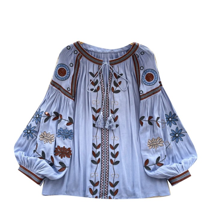 Women's Fashion Loose Ethnic Embroidery Round Neck Lace Lantern Sleeve Top Shirt