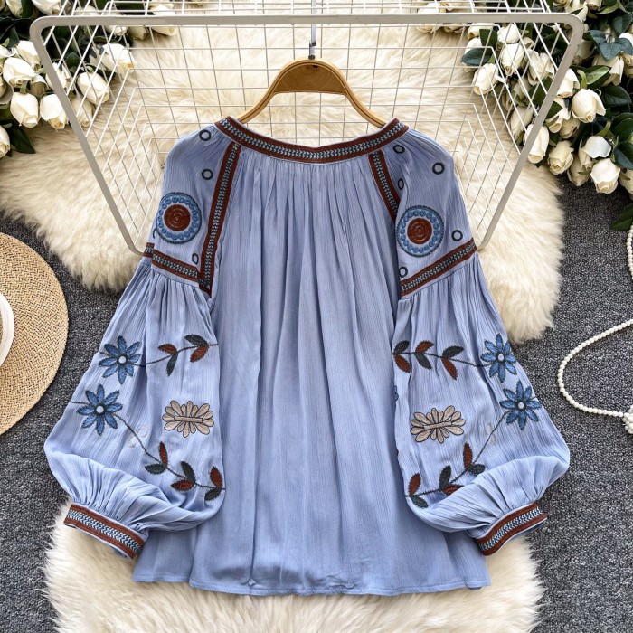 Women's Fashion Loose Ethnic Embroidery Round Neck Lace Lantern Sleeve Top Shirt