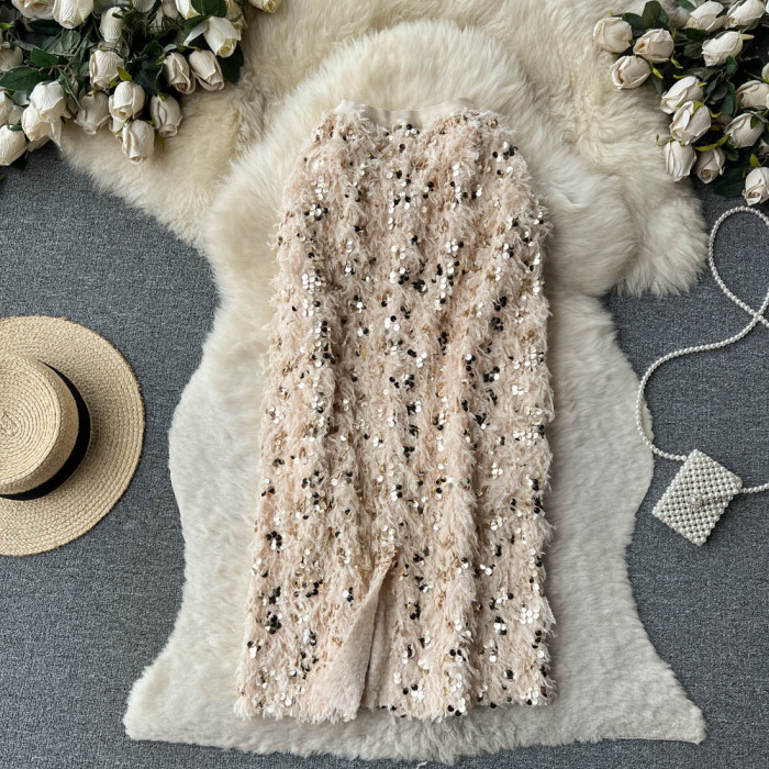 High Waist Midi Sequined Elegant Fashion Back Slit A-line Loose Casual Skirts