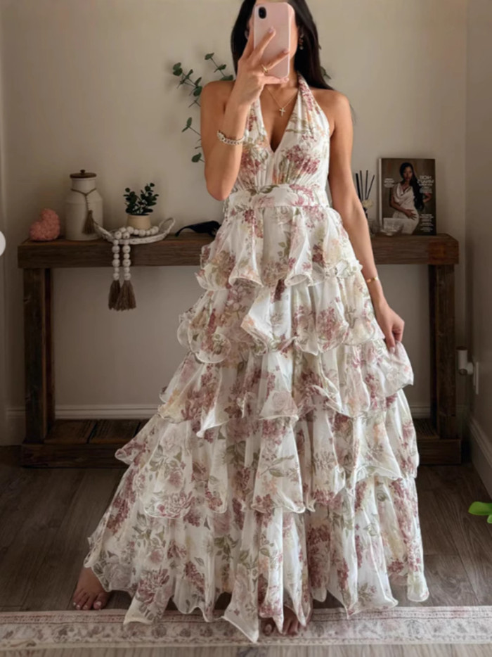 Women's Fashion Sexy V-neck Suspender Bohemian Elegant Multi-layer Printed Dress