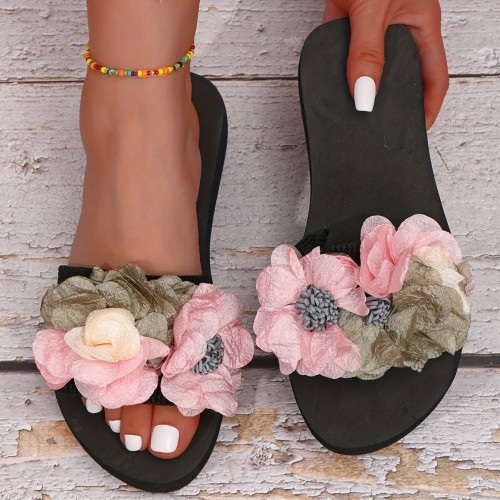 Women's Elegant Floral Platform Slip-On Summer Beach Slides with Non-Slip Wedges
