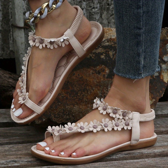 White Elegant Floral Flat Sandals - Women's Strappy Elastic Toe-Loop Slip-On Summer Shoes with Braided Straps and PU Cover Sole