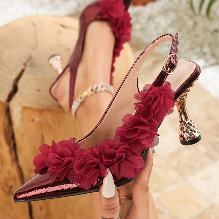 Women's Burgundy Pointed-Toe Stiletto Heels with Floral Ruffled Back Strap - Synthetic Cover Ultra-High Heels for All-Season Comfort, Formal & Casual Occasions
