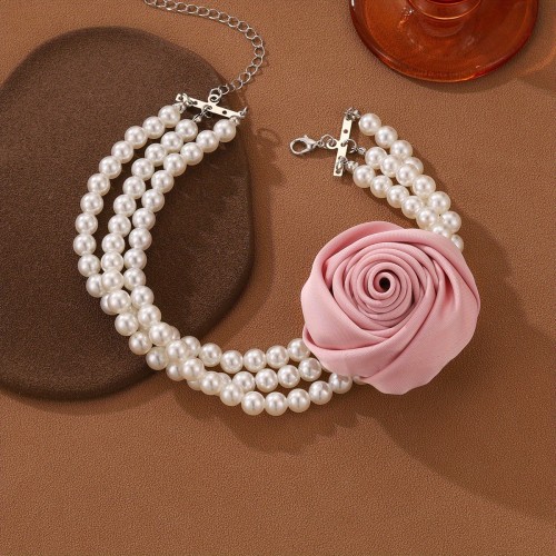 Rose Pearl Choker Three-dimensional Rose Pearl Choker | High-grade Exaggerated Flower Design Temperament Clavicle Necklace for Female