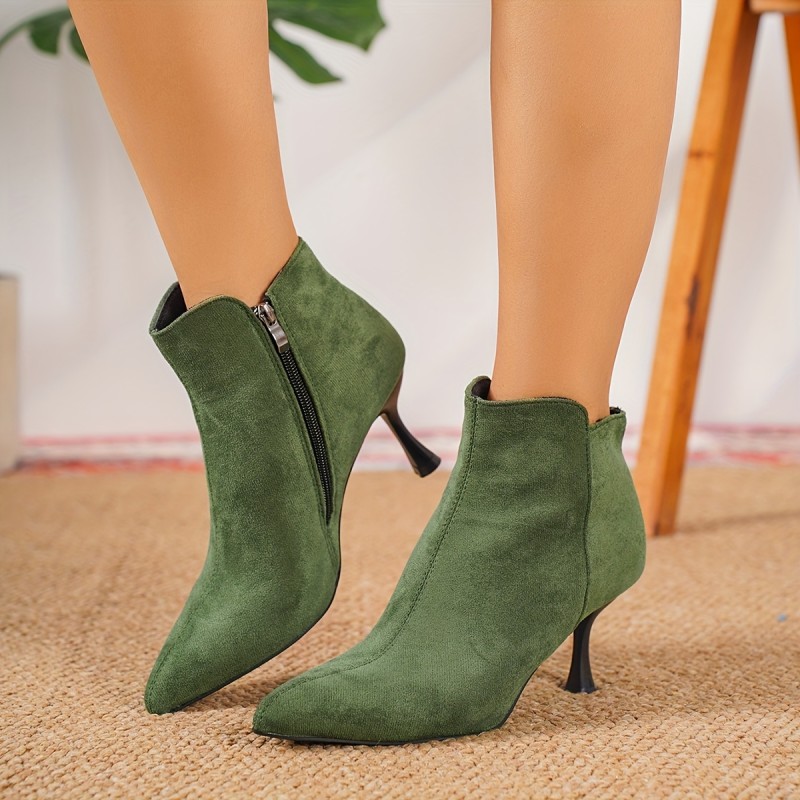 Women'S Olive Green Pointed Toe Stiletto Heel Ankle Boots with Side Zipper - Cover & Fabric Lining, Rubber Sole, Extended Sizes Available for Casual & Formal Occasions, High Heel Boots, Evening Wear, Sleek Boot Design, Smooth Fabric Lining