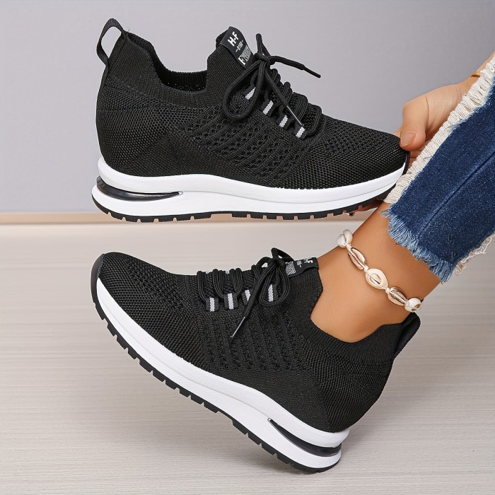 Increase Height Breathable Wedge Sneakers Women's Breathable Wedge Height Increasing Sneakers, Platform Lace Up Soft Sole Walking Shoes, Breathable Low-top Casual Sports Shoes