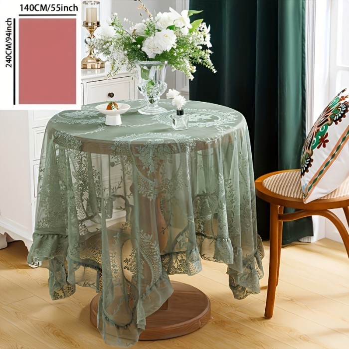 1pc Rectangular Polyester Tablecloth with Floral Pattern & Ruffled Edges - Machine-Made Easy-Clean Kitchen Dining Table Cover for Indoor Outdoor Use, Garden Party Decor, Decorative Table Linen, Durable Table Linen, Home Decorators