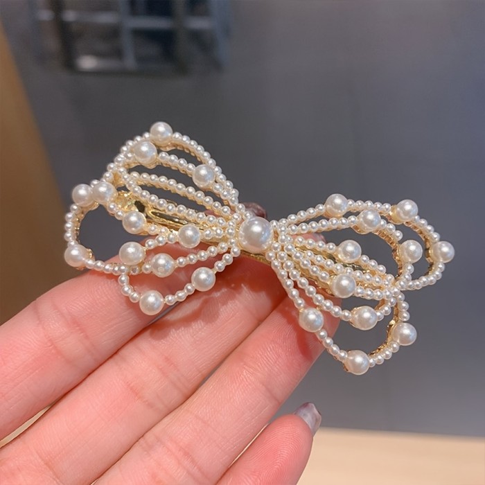 1pc French-Inspired Elegant Bow Faux & Hair Clip - Golden-Tone Accents, Secure Hold Hair Accessories for Women & Teen s, Perfect for Daily Wear, Parties, Birthdays, Valentine's Day Gifts, Cute Hair Accessories, Party Hairpiece, Sophisticated Design, Intricate Craftsmanship, Birthday Gift, Stylish Hairpiece, Delicate Design, Decorative Hairpiece, Women's Fashion