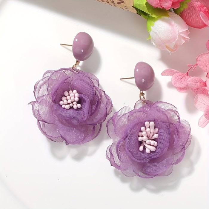 Women's Bohemian Floral Stud Earrings - Lavender Chiffon Flower Jewelry, Everyday & Formal Events, Minimalist Floral Elegance for Bridal or Party Accessories - Elegant Gift for Women, Wedding Earrings, Chiffon Flower Design, Elegant Craftsmanship