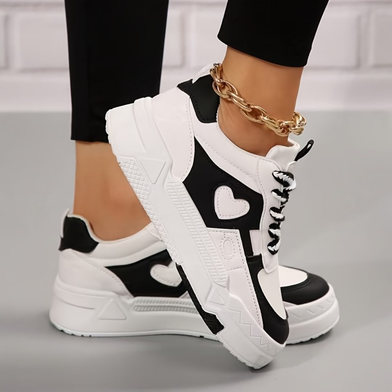 Women's Low-Top Lace-Up Sneakers - Black & White Synthetic Cover Casual Shoes with Heart Accent, Non-Slip Rubber Sole & Breathable Fabric Lining for Running, Casual Attire, Sports Footwear, Heart Motif Design, Durable Traction Footwear