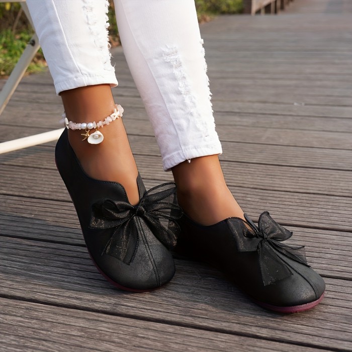 Women's Navy Blue Slip-On Flats with Elegant Black Bowknot - Comfortable Lightweight Casual Shoes, Faux Cover Upper & PU Sole, Breathable Design for Casual Attire, Ladies Shoes
