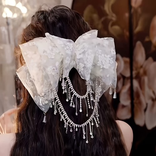 1pc Elegant Floral Bowknot Tassel Hair Clip for Women - Volumizing Half-Up Spring Clamp, White & Pink Floral Print, Perfect for Daily Wear, Parties, and Special Occasions, Cute Hair Accessories