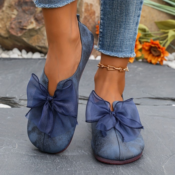 Women's Navy Blue Slip-On Flats with Elegant Black Bowknot - Comfortable Lightweight Casual Shoes, Faux Cover Upper & PU Sole, Breathable Design for Casual Attire, Ladies Shoes