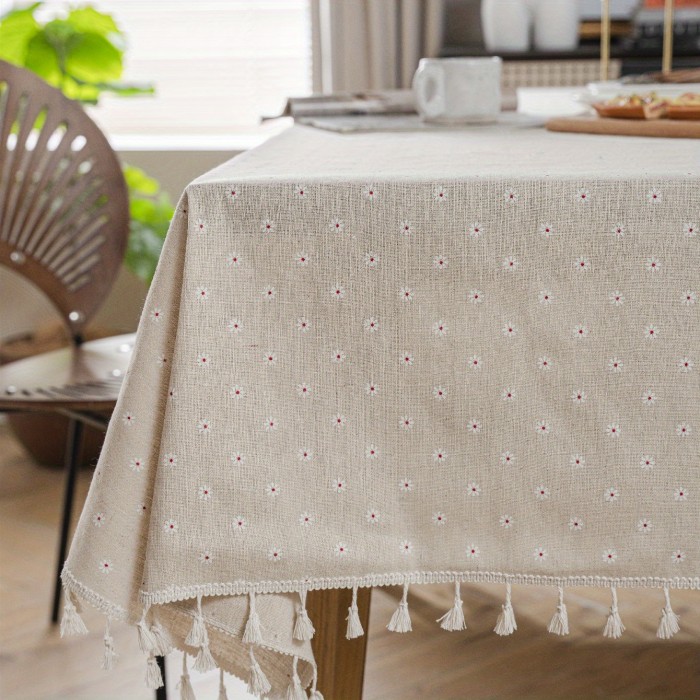 Farmhouse style Flower Garden small fresh white chrysanthemum rice print beige fringed tablecloth for kitchen table decoration tablecloth 1pc