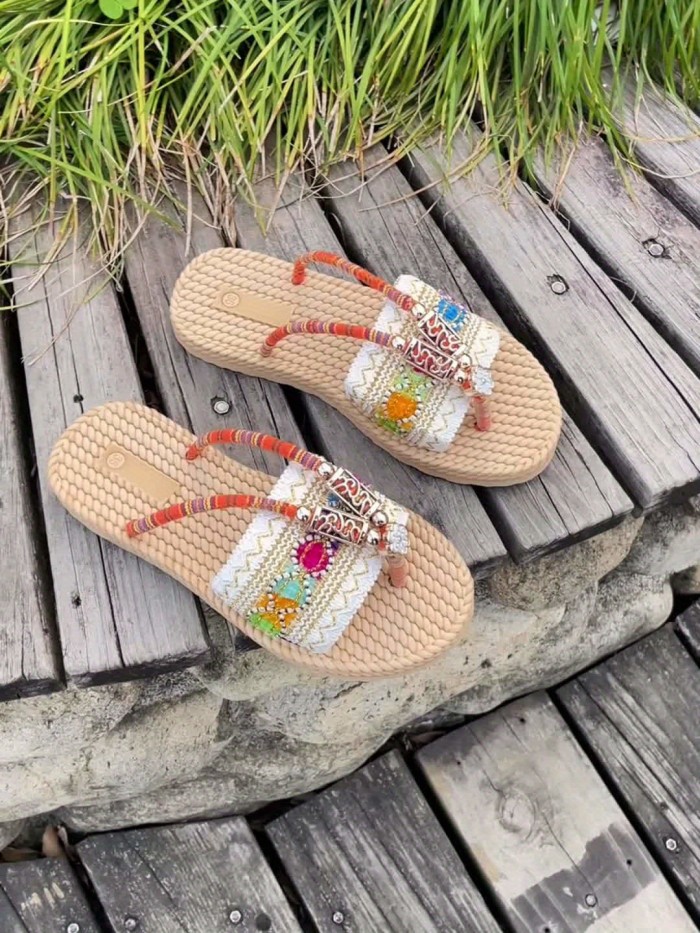 Women'S Boho Chic Summer Slide Sandals - Comfortable, Non-Slip, Flat Heel, Open Toe with Colorful Beaded Straps and Decorative Metal Buckle, Perfect for Casual Outdoor Wear, Strappy Sandals