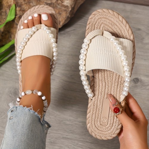 Women'S Flat Slip-On Sandals with Faux Pearl Accents - Lightweight & Breathable Summer Beach Shoes, EVA Cushioned Comfort, Open Toe Design for Casual Outdoor Wear, Strappy Sandals