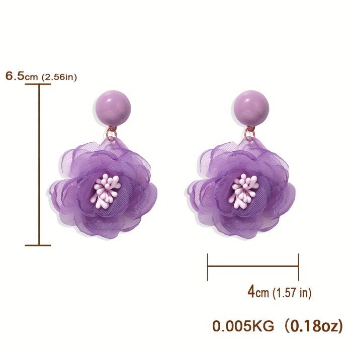 Women's Bohemian Floral Stud Earrings - Lavender Chiffon Flower Jewelry, Everyday & Formal Events, Minimalist Floral Elegance for Bridal or Party Accessories - Elegant Gift for Women, Wedding Earrings, Chiffon Flower Design, Elegant Craftsmanship