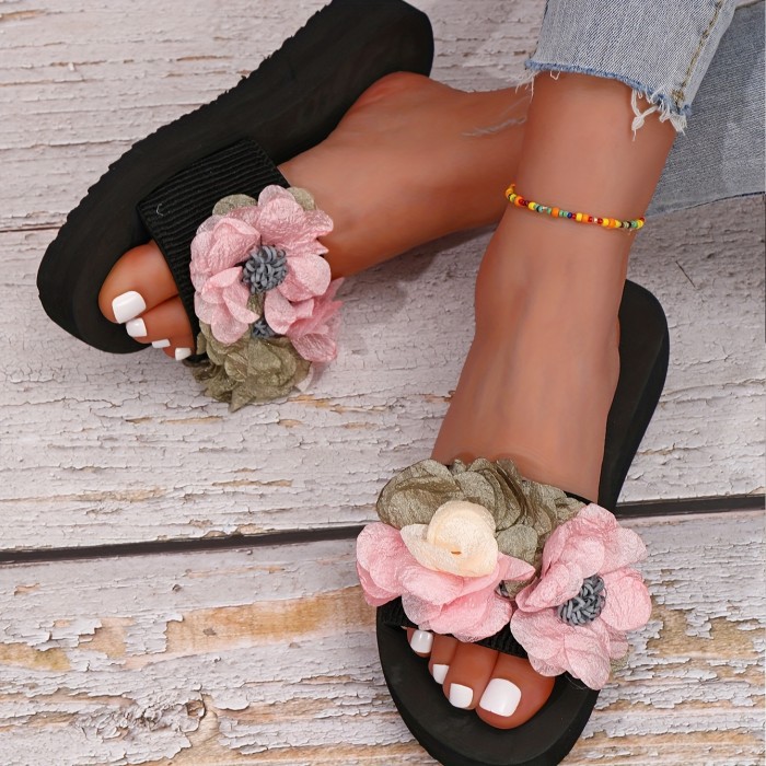 Women's Elegant Floral Platform Slip-On Summer Beach Slides with Non-Slip Wedges
