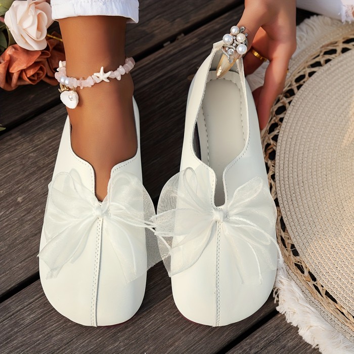 Women's Navy Blue Slip-On Flats with Elegant Black Bowknot - Comfortable Lightweight Casual Shoes, Faux Cover Upper & PU Sole, Breathable Design for Casual Attire, Ladies Shoes