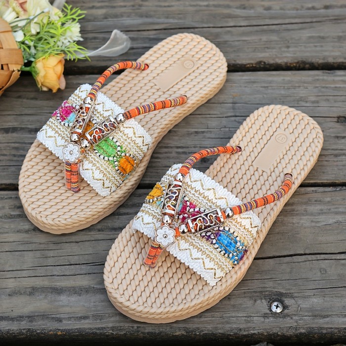 Women'S Boho Chic Summer Slide Sandals - Comfortable, Non-Slip, Flat Heel, Open Toe with Colorful Beaded Straps and Decorative Metal Buckle, Perfect for Casual Outdoor Wear, Strappy Sandals
