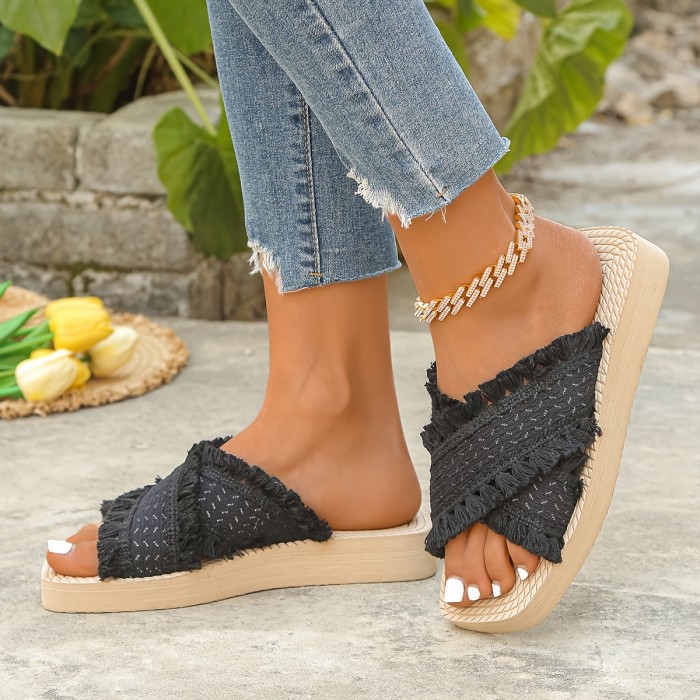 Elegant And Stylish Classic Tassel Square-Toed Sandals for Spring And Summer, Outdoor Non-Slip Women'S Slippers.