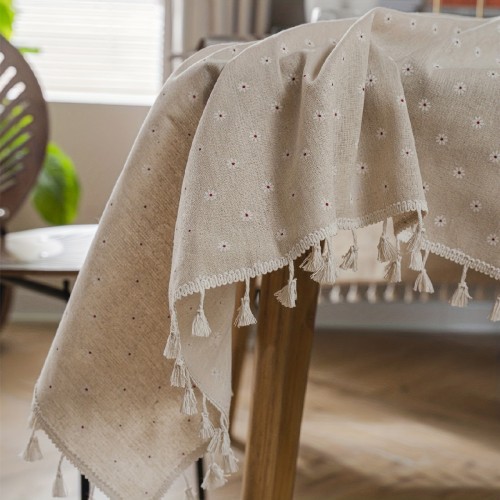 Farmhouse style Flower Garden small fresh white chrysanthemum rice print beige fringed tablecloth for kitchen table decoration tablecloth 1pc