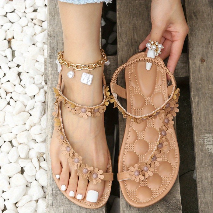 White Elegant Floral Flat Sandals - Women's Strappy Elastic Toe-Loop Slip-On Summer Shoes with Braided Straps and PU Cover Sole