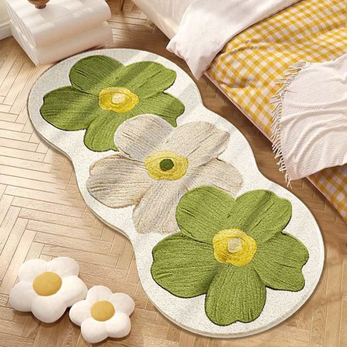 Nordic Floral Plush Area Mat - Non-Slip Machine Washable Soft Polyester Mat with Blue & Beige Flowers, Irregular Shape Decorative Mat for Bedroom, Living Room, Entryway - Perfect for Thanksgiving, Valentine's Day & St. Patrick's Day Decor, Seasonal Decoration, Cozy Home Accessory, Durable Construction, Stylish Floor Covering, Interior Design Lovers, Perfect for Thanksgiving