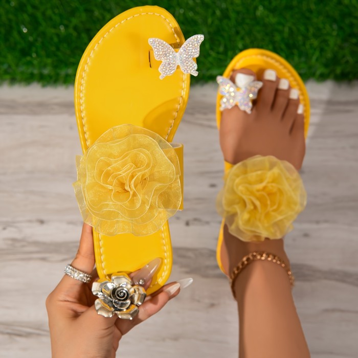 Women's Stylish Yellow Slide Sandals with Floral Accents - Breathable, Slip-On Summer Flats for Casual Wear and Vacation, Ladies Sandals