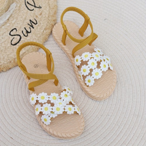 Women'S Floral Slide Sandals - Open Toe, Flat Heel, Daisy Pattern, Yellow with Blue Straps, Casual Summer Beach Shoes, Adjustable Hook & Loop Fastener, EVA Sole for Comfort, Casual Footwear | Floral Pattern Sandals | Adjustable Strap Sandal