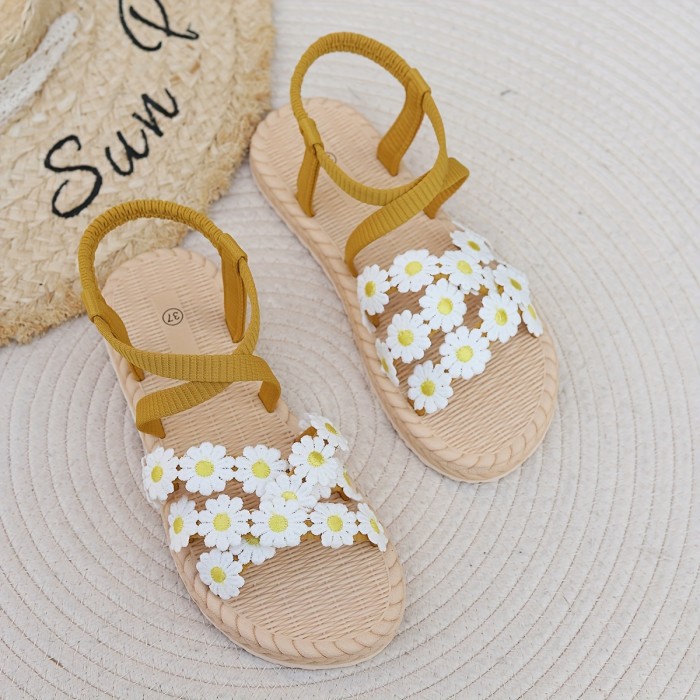 Women'S Floral Slide Sandals - Open Toe, Flat Heel, Daisy Pattern, Yellow with Blue Straps, Casual Summer Beach Shoes, Adjustable Hook & Loop Fastener, EVA Sole for Comfort, Casual Footwear | Floral Pattern Sandals | Adjustable Strap Sandal