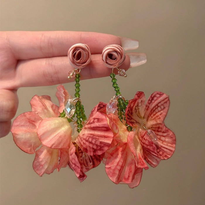 Burning Roses, Tassel Earrings, Super Fairy Retro Atmosphere, Artificial Petal Stud Earrings, Unique Exaggerated Earrings