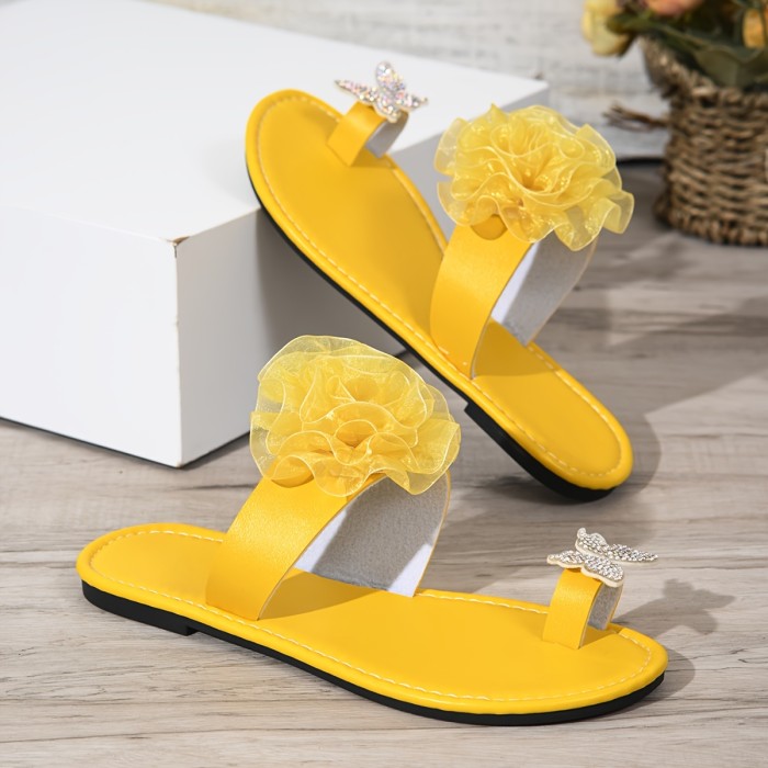 Women's Stylish Yellow Slide Sandals with Floral Accents - Breathable, Slip-On Summer Flats for Casual Wear and Vacation, Ladies Sandals