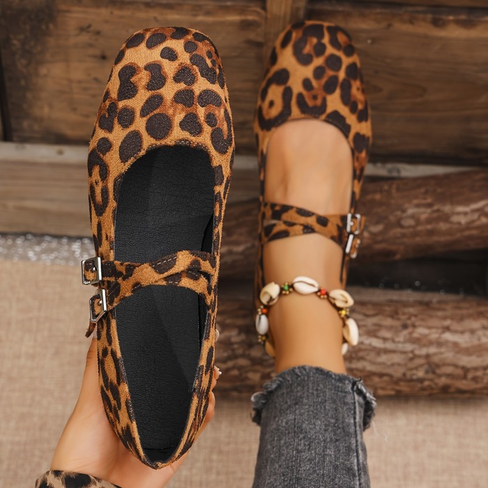 New Seasonal Women's Retro Leopard Print Flat Ballet Flats with Mary Jane Strap