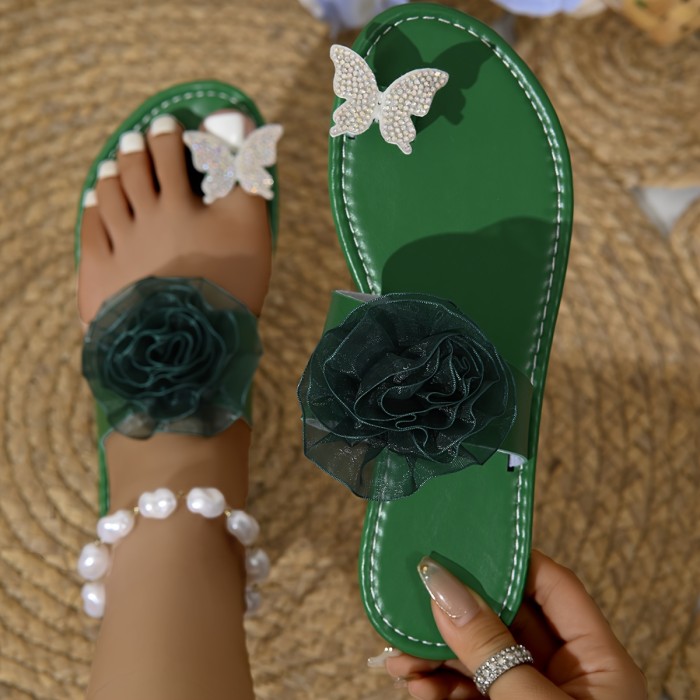 Women's Elegant Rhinestone & Floral Flat Sandals - Slip-On Backstrap Comfortable Casual Shoes with Round Toe, Synthetic Cover & Rubber Sole for All-Season Beach Vacations, Butterfly Embellished Sandals | Durable Comfort Footwear