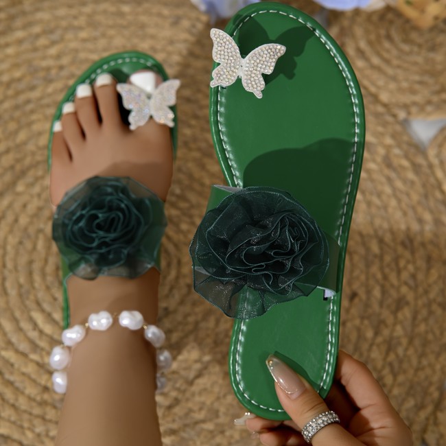 Women's Elegant Rhinestone & Floral Flat Sandals - Slip-On Backstrap Comfortable Casual Shoes with Round Toe, Synthetic Cover & Rubber Sole for All-Season Beach Vacations, Butterfly Embellished Sandals | Durable Comfort Footwear