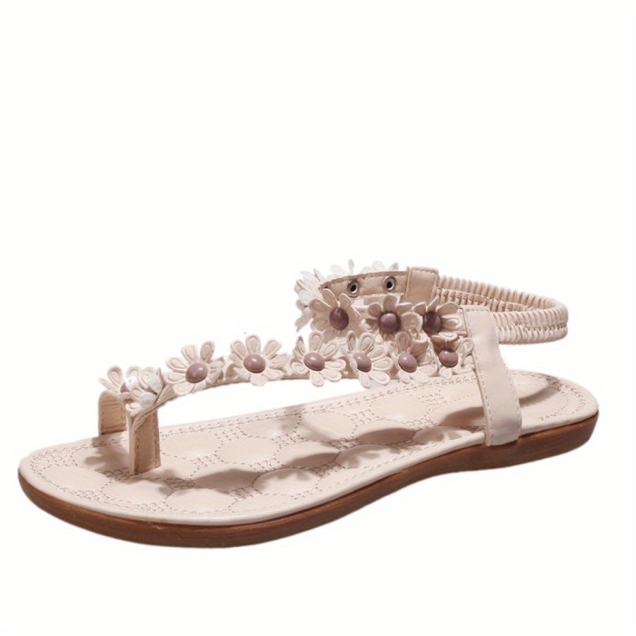 White Elegant Floral Flat Sandals - Women's Strappy Elastic Toe-Loop Slip-On Summer Shoes with Braided Straps and PU Cover Sole